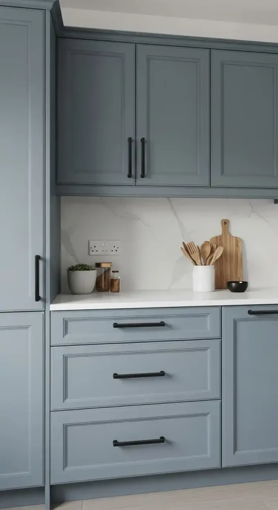 23 Blue Gray Kitchen Cabinets Ideas to Elevate Your Space 9 8) Blue gray cabinets with black matte hardware