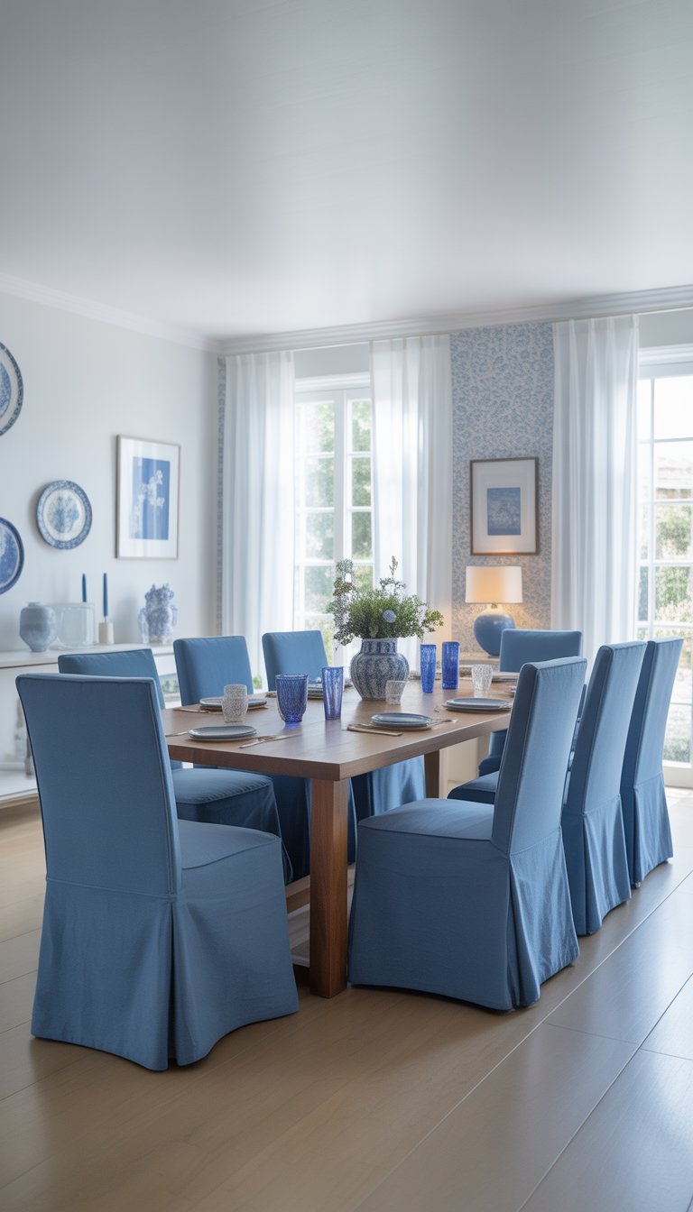 A bright dining room with a wooden table, blue upholstered chairs, white walls with blue accents, and natural light coming through large windows.