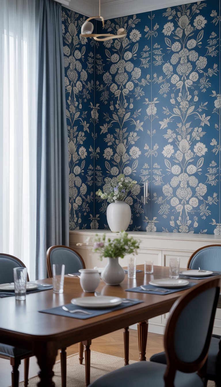 A dining room with blue and white floral wallpaper, a wooden table set with chairs, and soft natural light coming through curtains.
