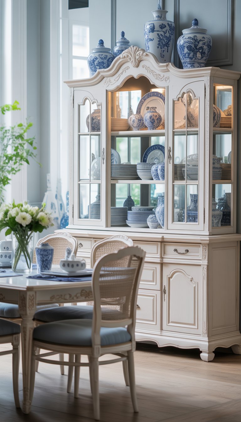A white china cabinet with blue accents in a dining room displaying blue and white dishes and decor.
