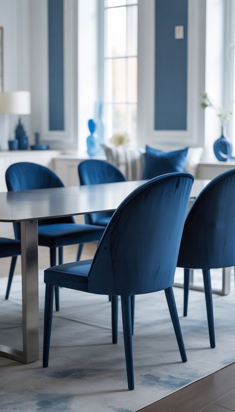 A dining room with navy blue velvet chairs around a white dining table, bright natural light fills the space.