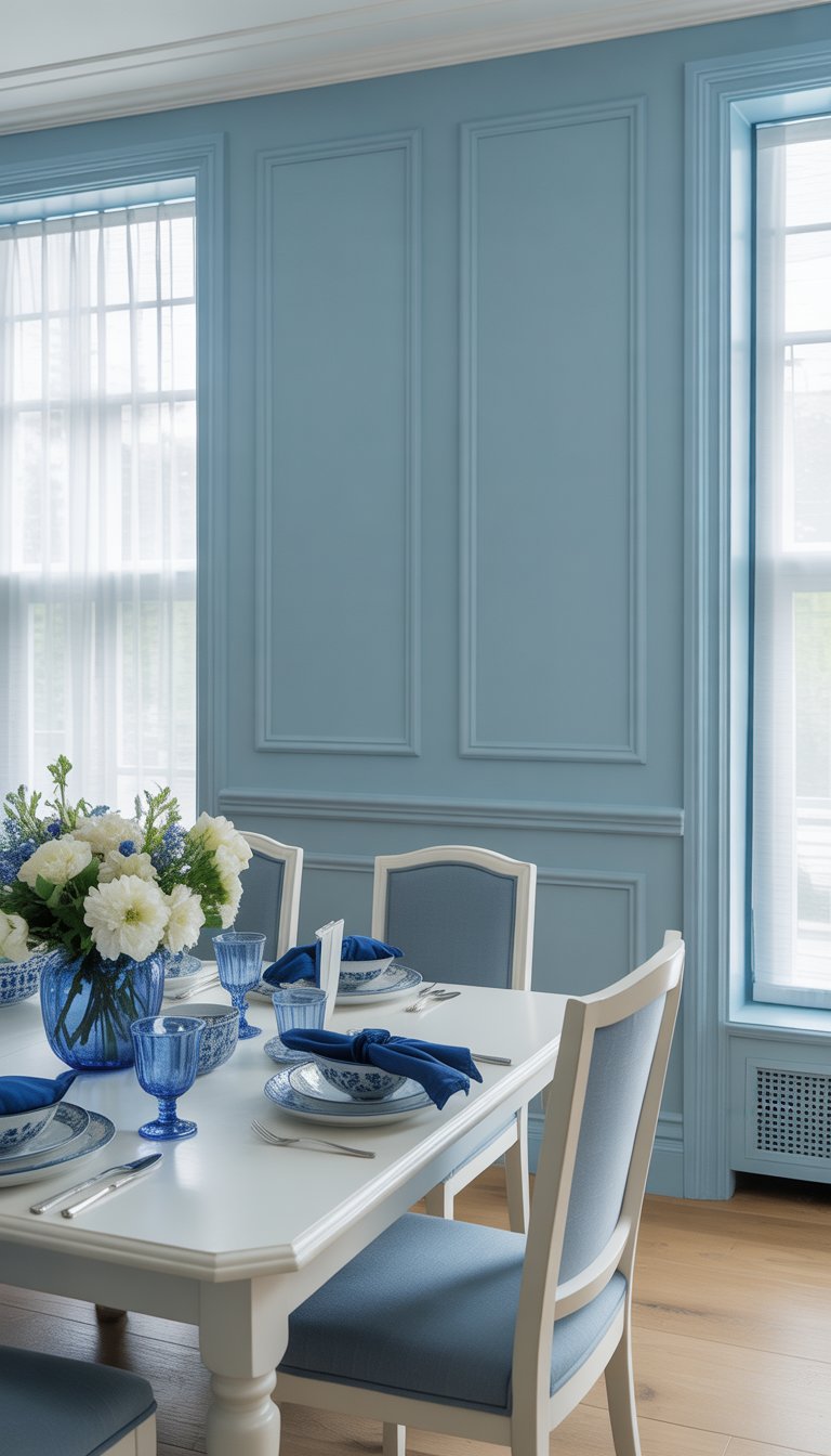 A dining room with light blue wainscoting walls, a white dining table set with blue and white dishes, blue upholstered chairs, and natural light coming through large windows.