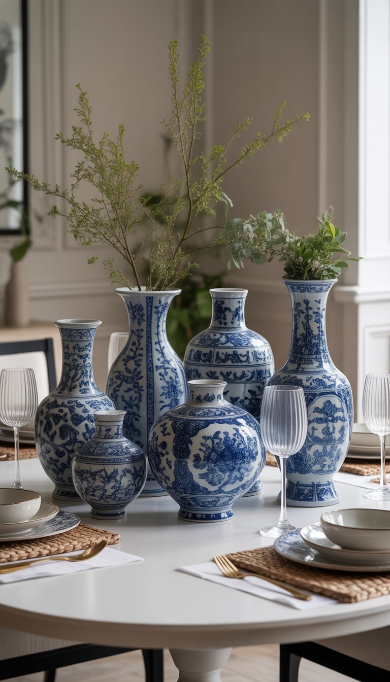 Dining room table with blue and white porcelain vases arranged as centerpieces.
