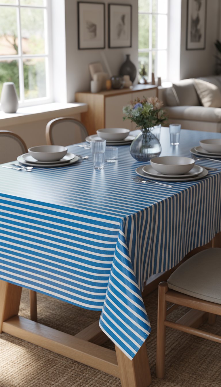 Dining room with a wooden table covered by a blue and white striped tablecloth, surrounded by chairs and natural light coming through windows.
