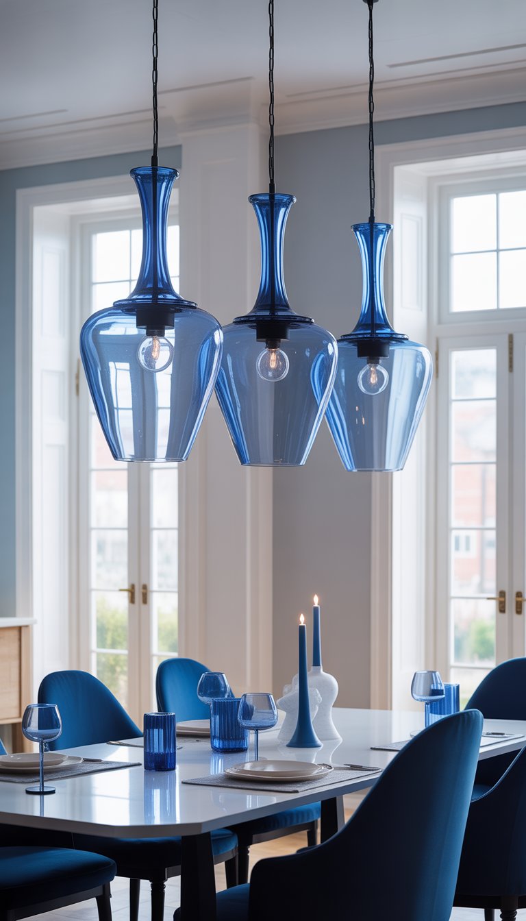 A dining room with blue glass pendant lights hanging over a table surrounded by blue chairs and white walls.