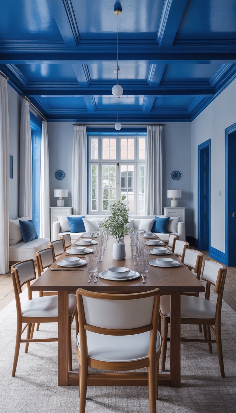 Dining room with a royal blue painted ceiling, a wooden table surrounded by white chairs, and blue and white decor illuminated by natural light.