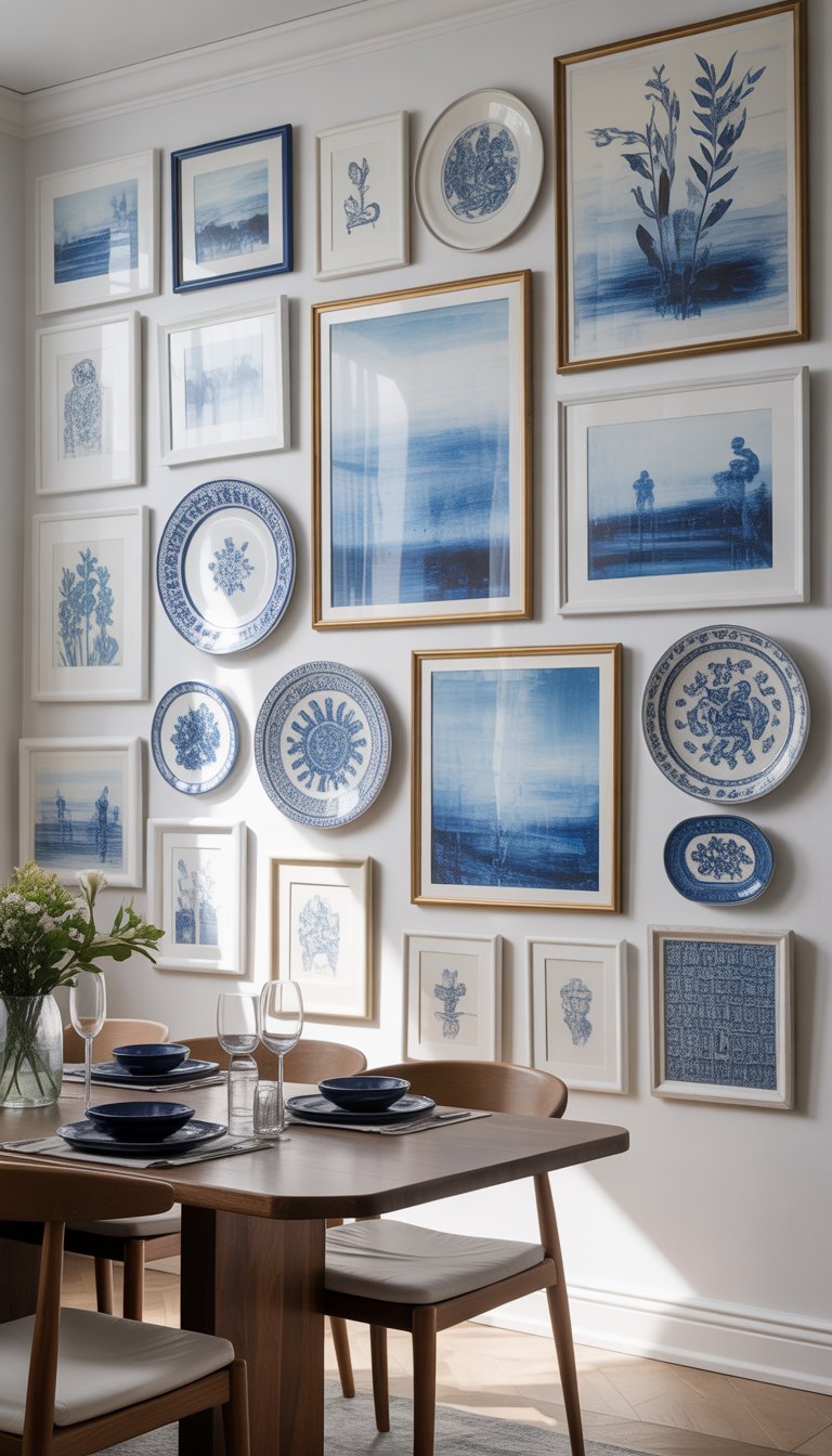 Dining room with a gallery wall of 19 blue and white artworks above a set dining table with chairs and natural light.