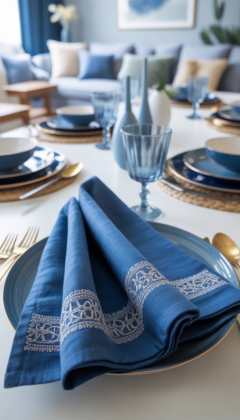 A dining table set with indigo linen napkins featuring white embroidery, surrounded by blue and white dinnerware in a bright dining room.