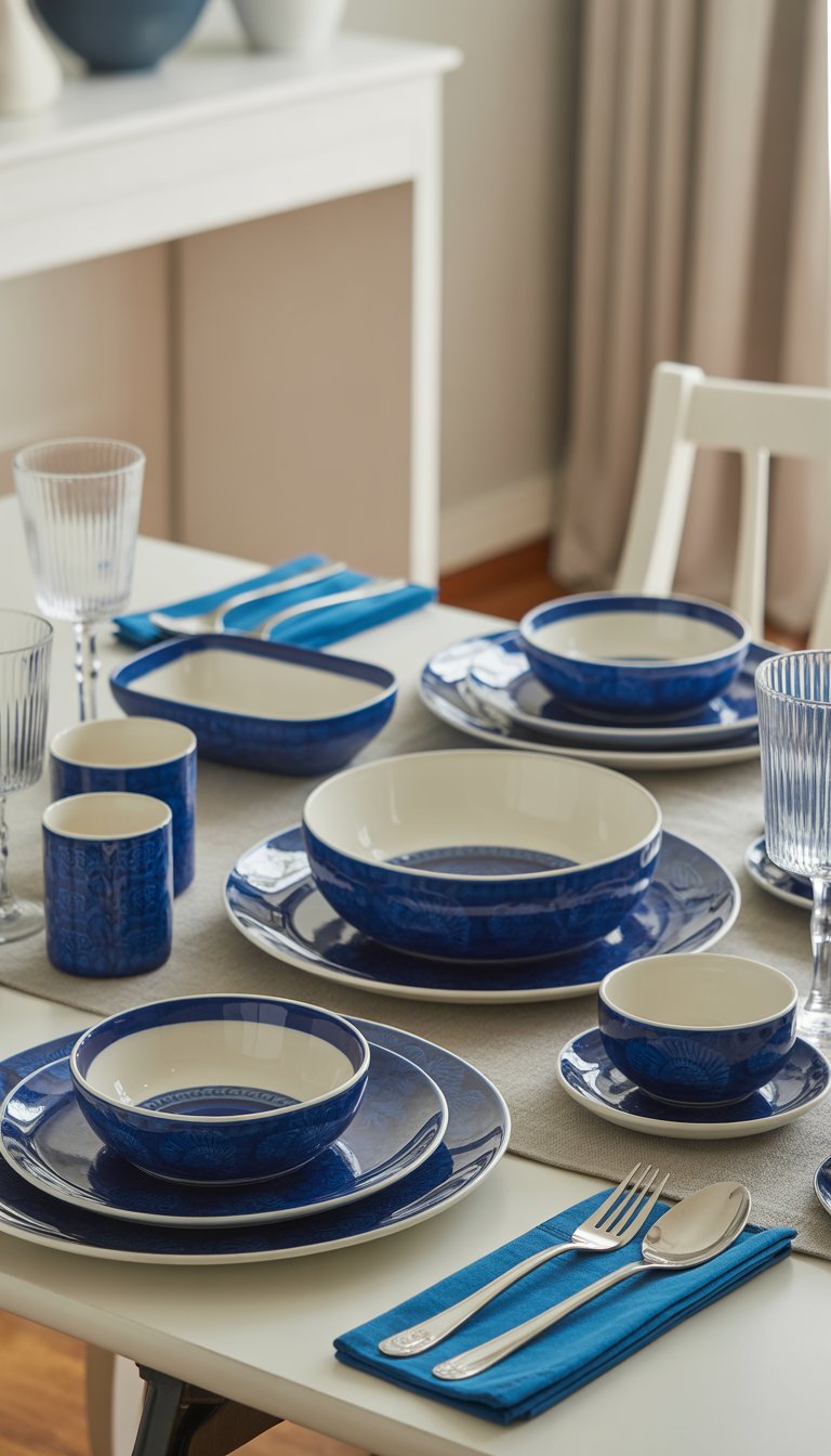 A dining table set with blue and white ceramic plates, bowls, cups, and silverware in a bright dining room.