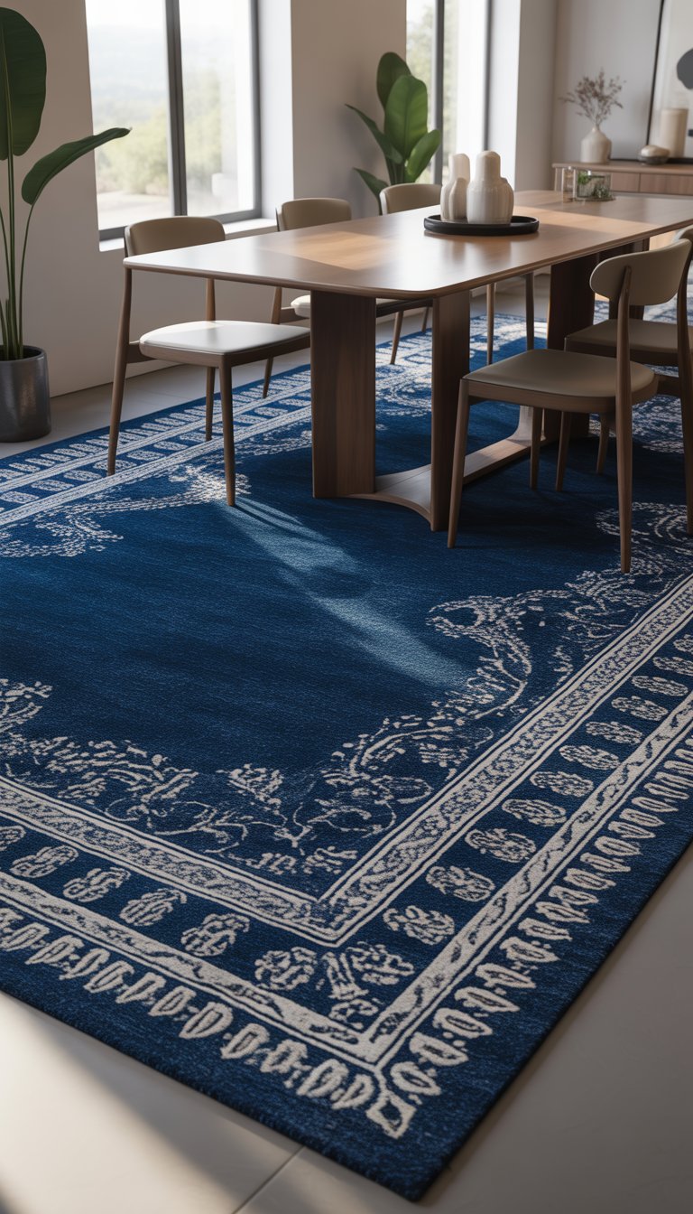 A dining room with a navy blue rug featuring white patterns under a wooden dining table with chairs, lit by natural light from large windows.