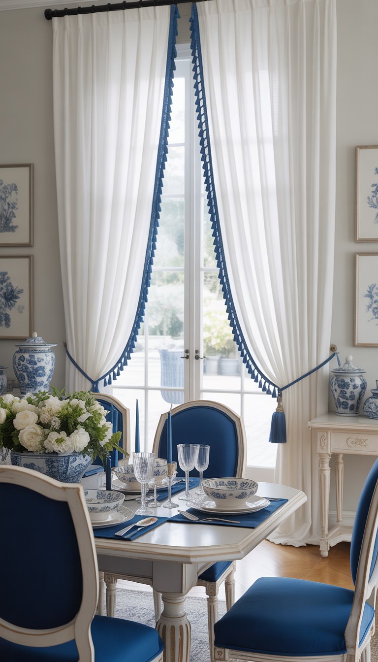 Dining room with white curtains featuring blue tassels, a large table set for a meal, and blue and white decorations.