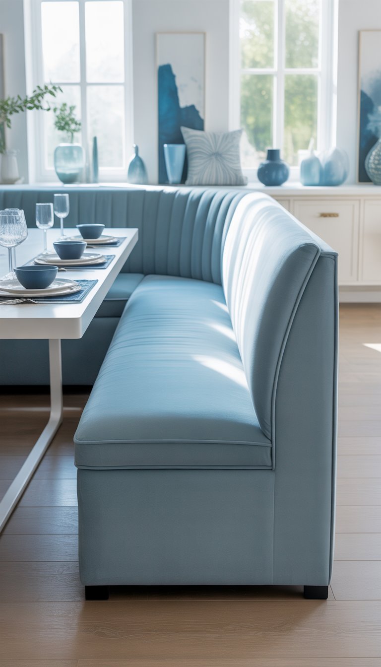A dining room with soft blue upholstered bench seating along a white table, decorated with blue and white accents and natural light coming through large windows.
