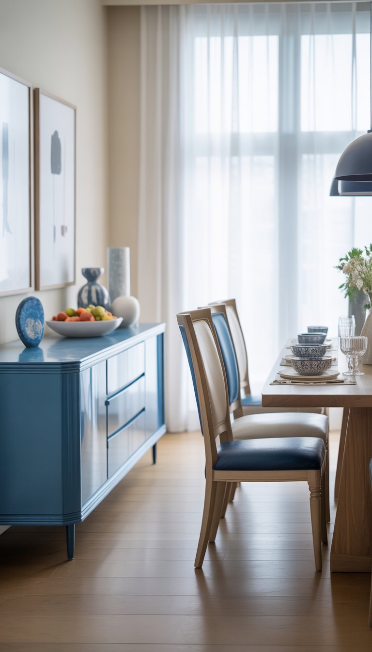 A dining room with a blue and white buffet sideboard, a wooden dining table, chairs, and natural light coming through large windows.