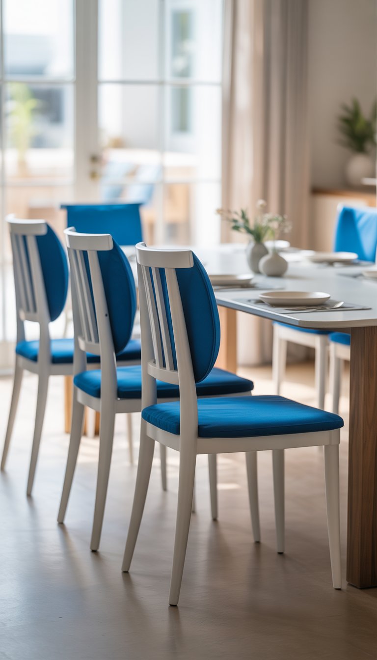 Dining room with white chairs that have blue cushions arranged around a table in a bright, well-lit space.
