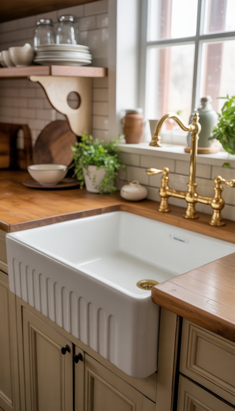A white apron-front sink in a farmhouse kitchen with wooden countertops, brass faucet, open shelves, and a potted plant near a window.