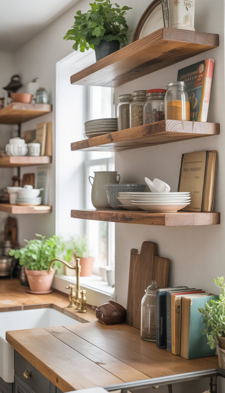 A kitchen with wooden open shelves holding dishes, jars, and plants above a wooden countertop with a sink.