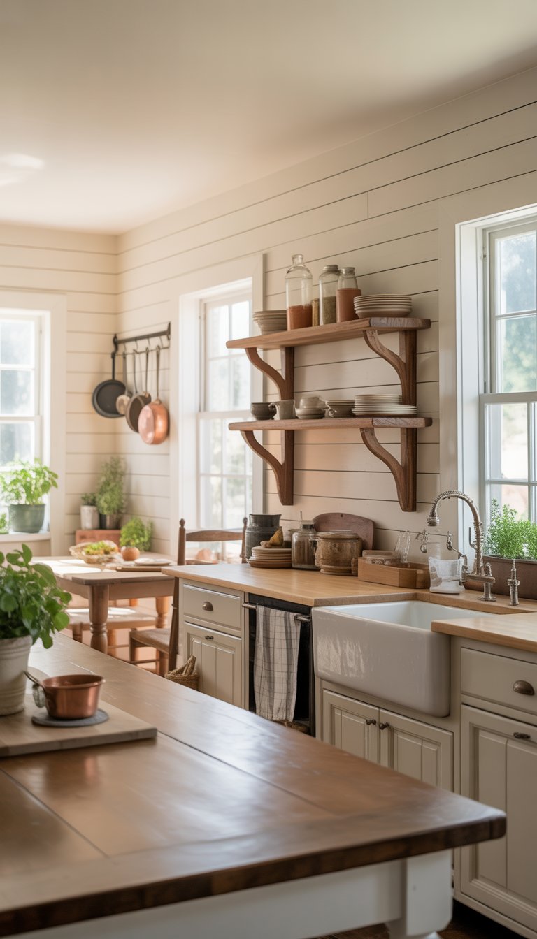 A bright kitchen with white wooden walls, wooden shelves, a farmhouse sink, a dining table, and plants.