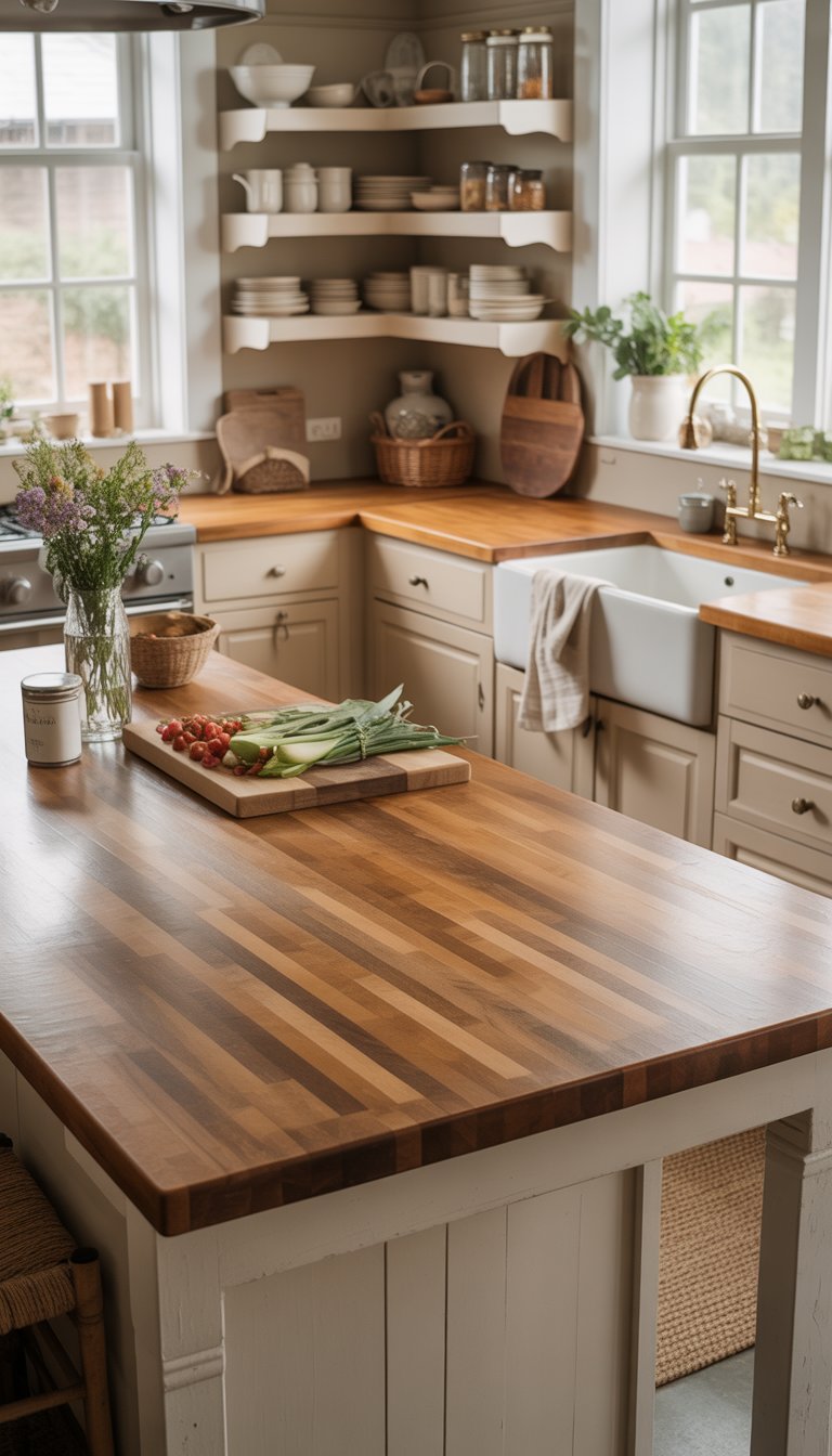 A bright farmhouse kitchen with butcher block countertops, wooden cabinets, open shelves, a farmhouse sink, and decorative elements like fresh flowers and woven baskets.