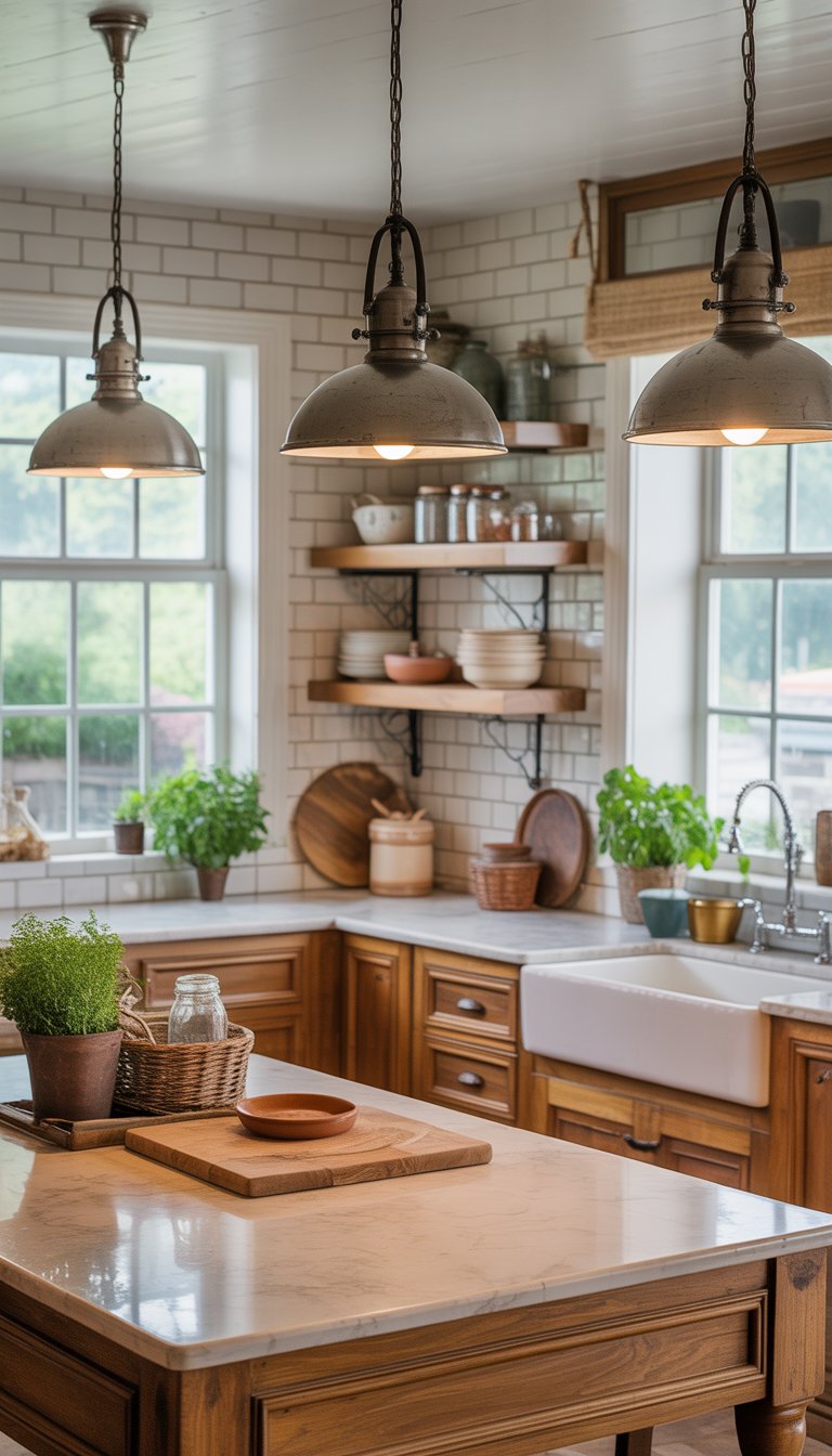 A bright kitchen with wooden cabinets, a large sink, and three pendant lights hanging over a central island.