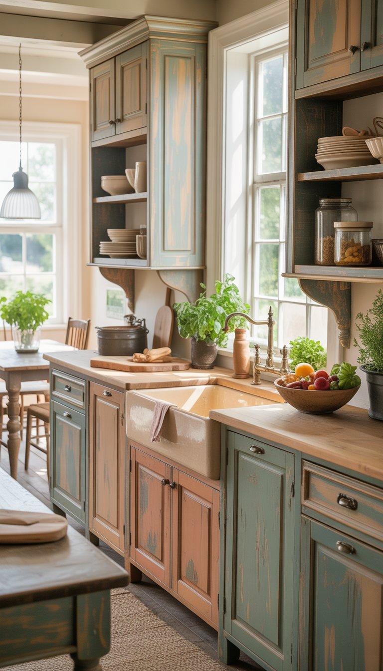 A farmhouse kitchen with distressed painted cabinets, a farmhouse sink, wooden countertops, and natural light coming through large windows.