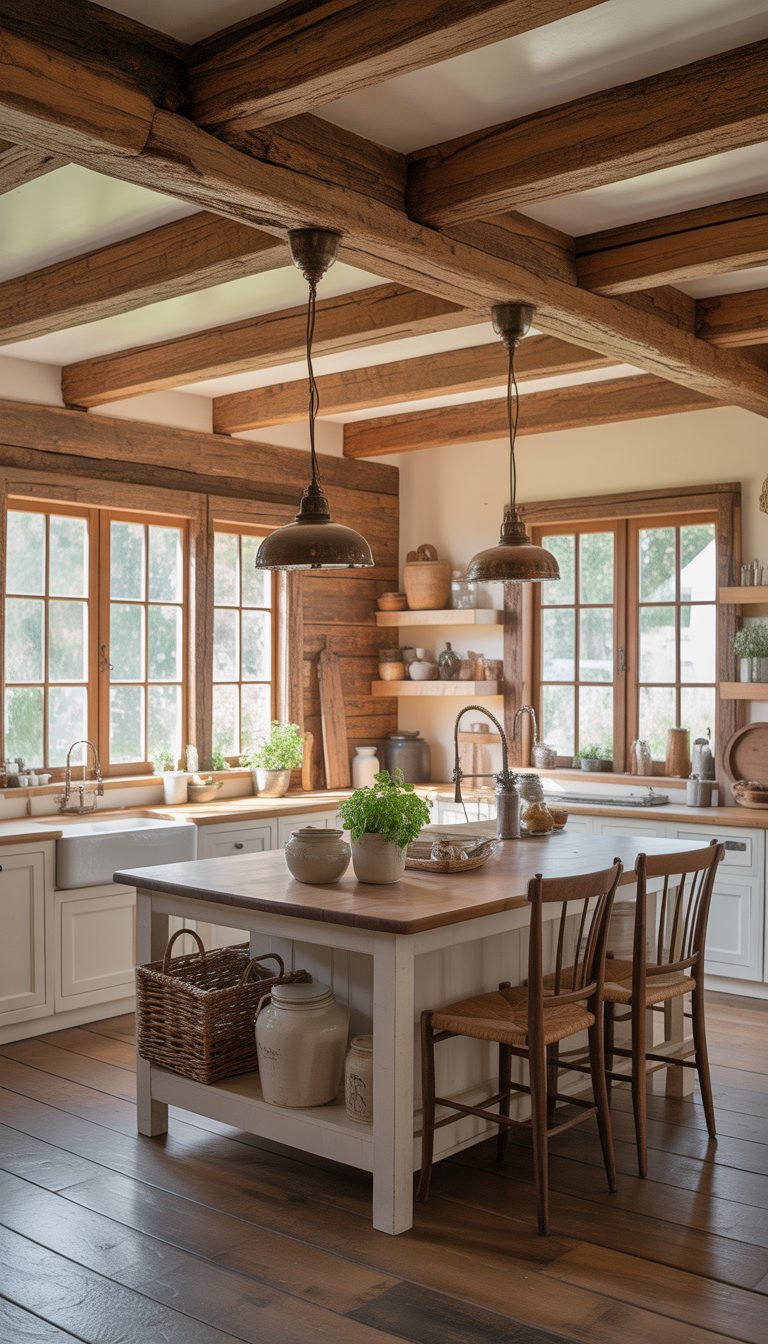 A bright kitchen with wooden ceiling beams, white cabinets, a central island, and natural light coming through large windows.