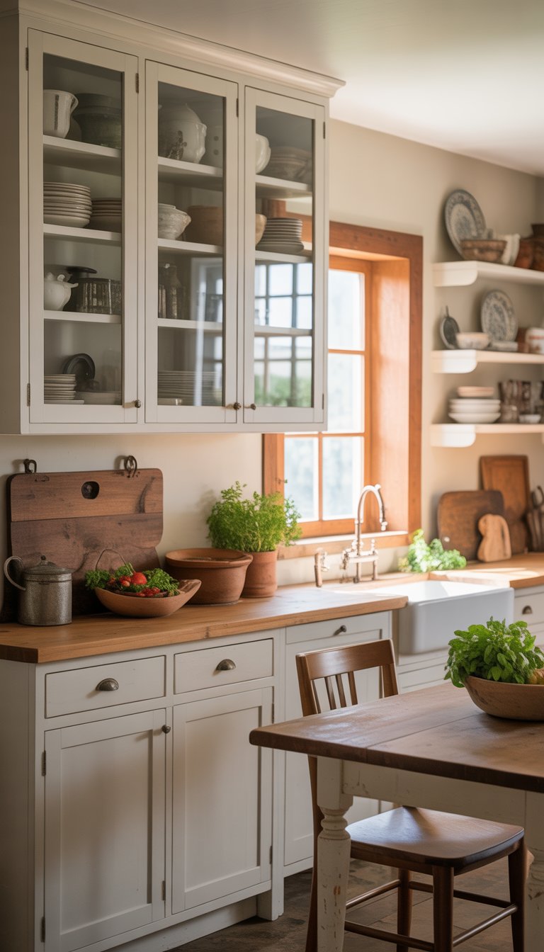 A farmhouse kitchen with glass-front cabinets displaying dishes, wooden countertops, potted herbs, and a wooden dining table.