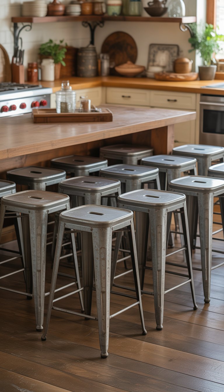 A farmhouse kitchen with a large wooden island surrounded by 17 industrial metal stools and decorated with plants and kitchenware.