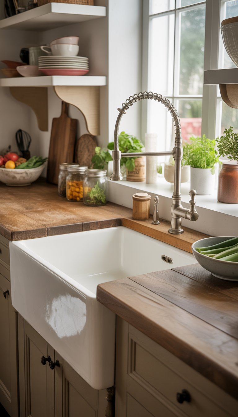 A kitchen sink with a faucet set into a wooden countertop surrounded by kitchen utensils and natural light.