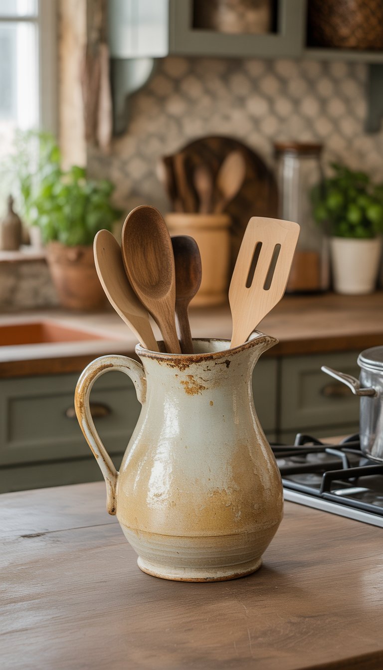 An antique ceramic pitcher holding wooden cooking utensils on a kitchen countertop with natural light and farmhouse decor in the background.