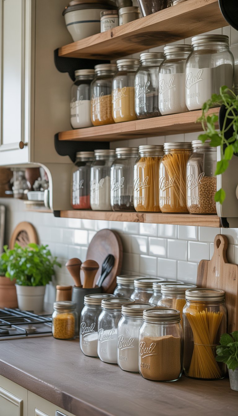A kitchen countertop and shelves displaying mason jar storage containers filled with dry goods in a farmhouse kitchen.