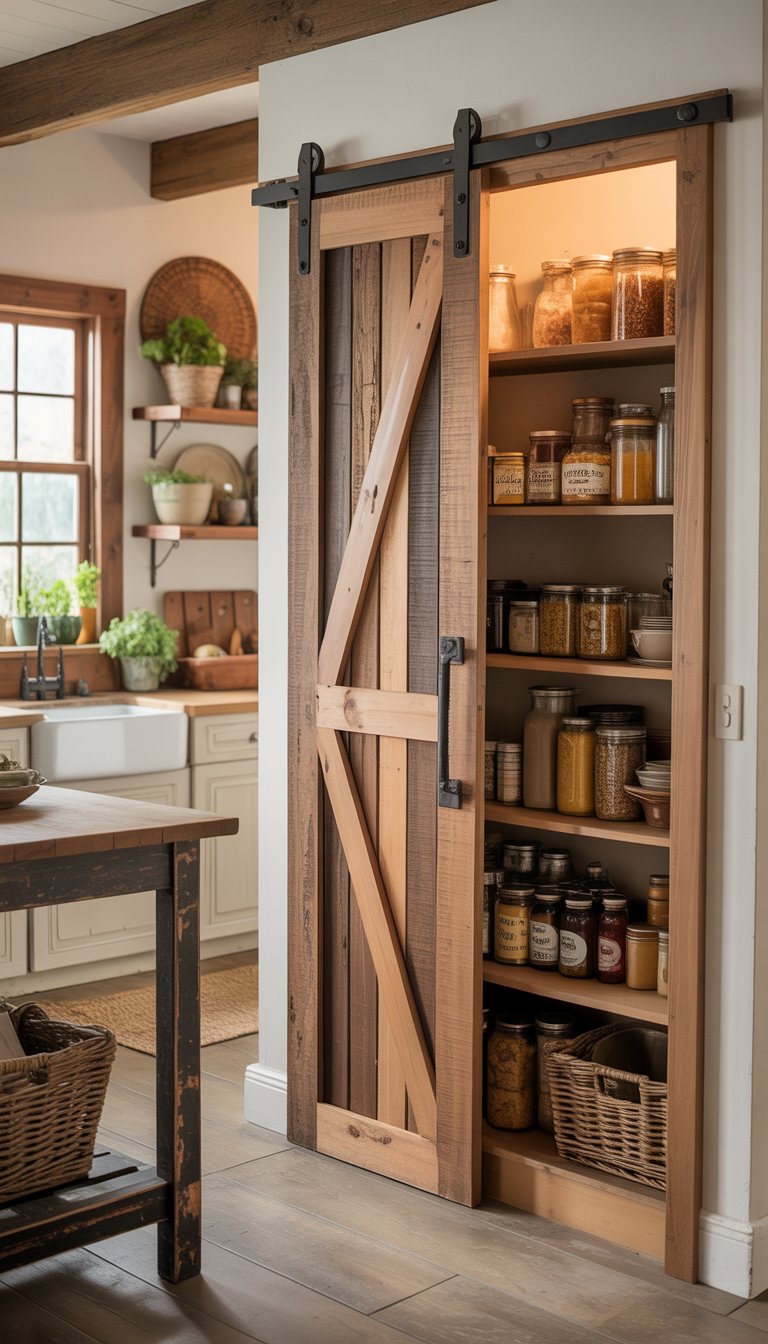 A farmhouse kitchen with a sliding barn door pantry entrance, wooden cabinets, and organized shelves visible through the open door.