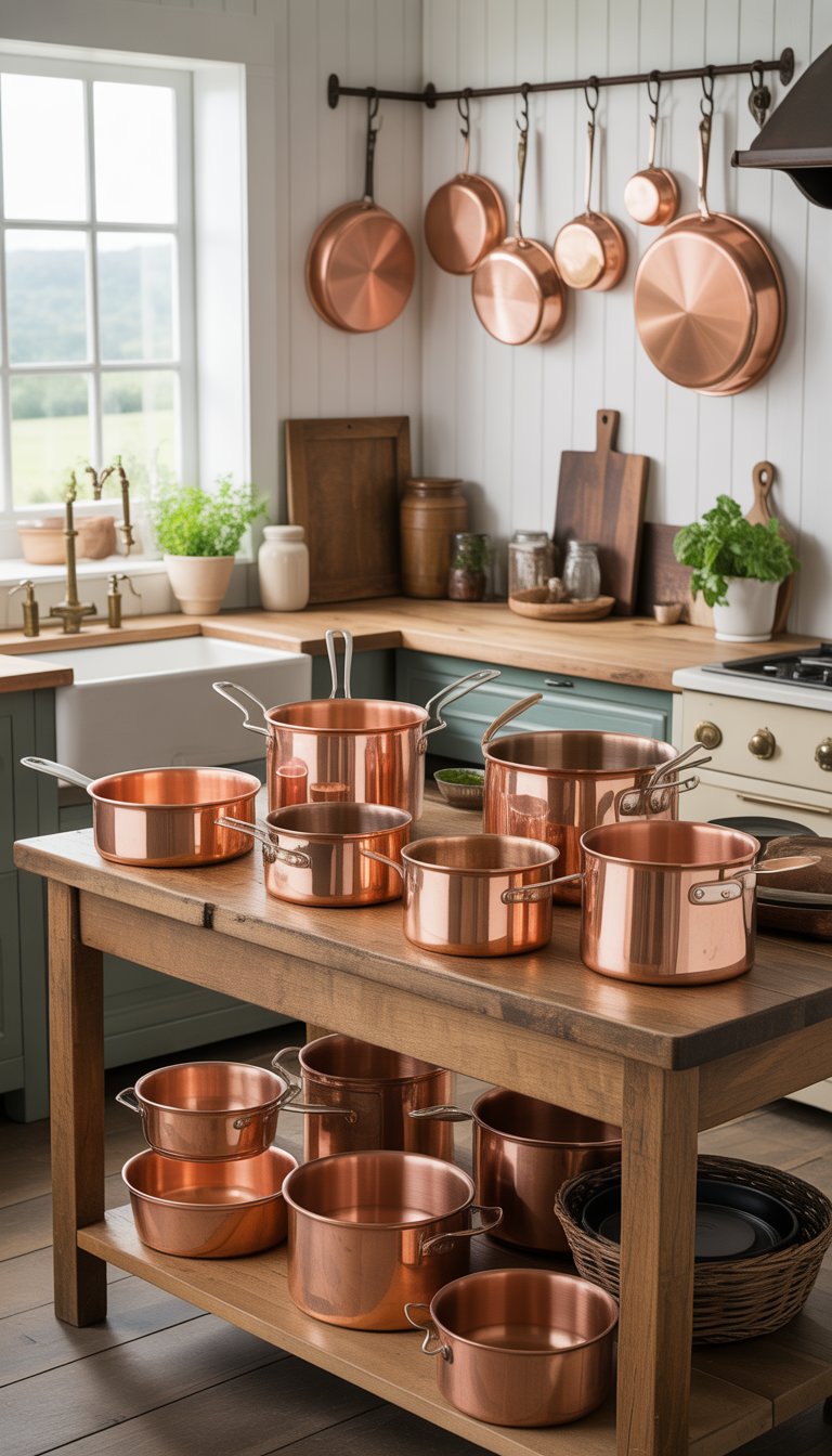 A farmhouse kitchen with copper pots and pans displayed on shelves and hanging racks above a wooden island, surrounded by kitchen decor and natural light.