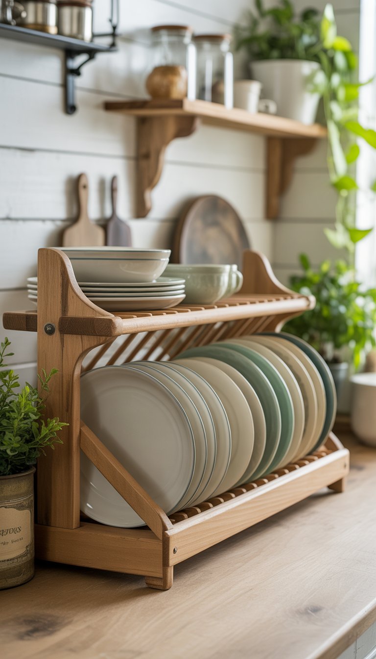 Open wooden plate rack with ceramic dishes in a bright kitchen with wooden shelves and plants.