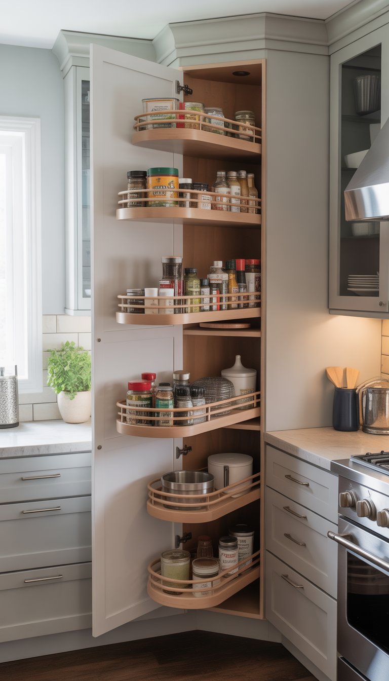Open kitchen corner cabinet with swing-out shelves holding organized jars and cookware.