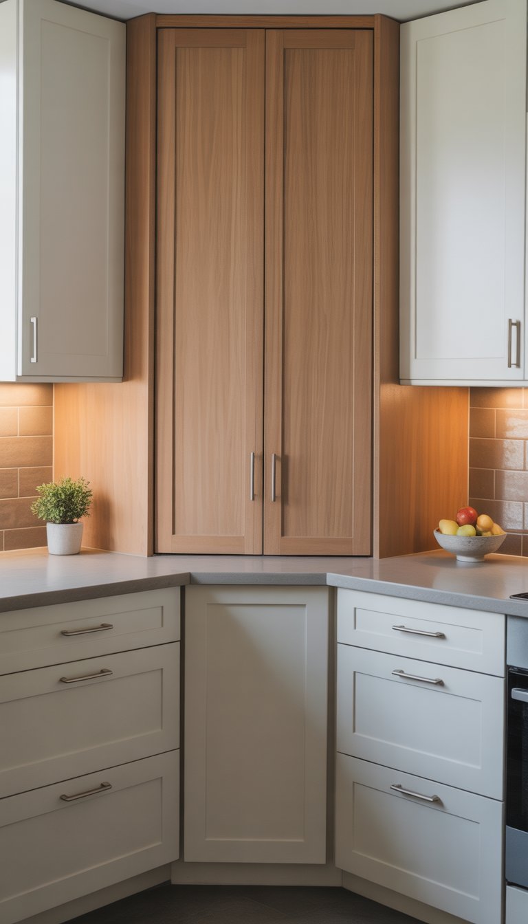 A modern kitchen corner with a diagonal corner cabinet, light wood cabinets, and a clean countertop with a plant and fruit bowl.
