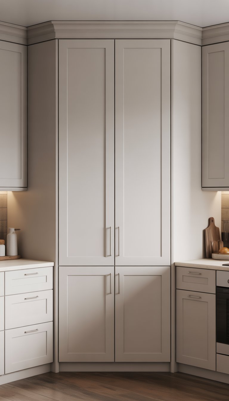 A kitchen corner with a double-door blind corner cabinet integrated into the cabinetry, surrounded by countertops and kitchen appliances.