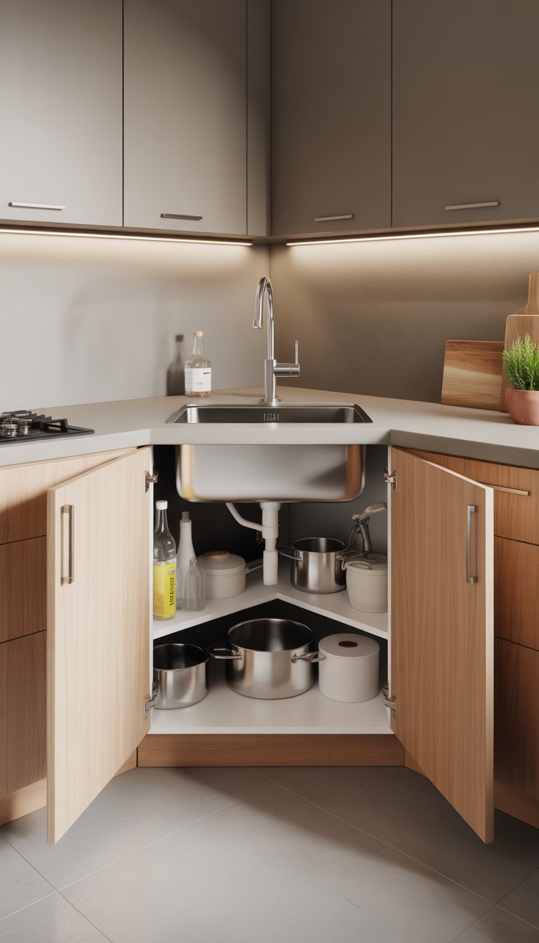 A kitchen corner with a corner sink base cabinet open to show organized storage and a stainless steel sink with a faucet.