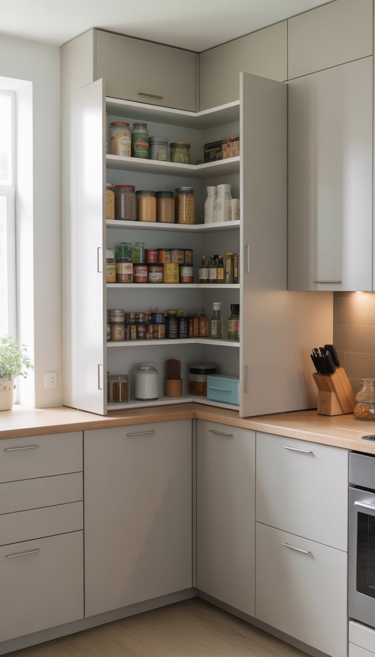 Open corner pantry cabinet in a modern kitchen with organized shelves and kitchen items.
