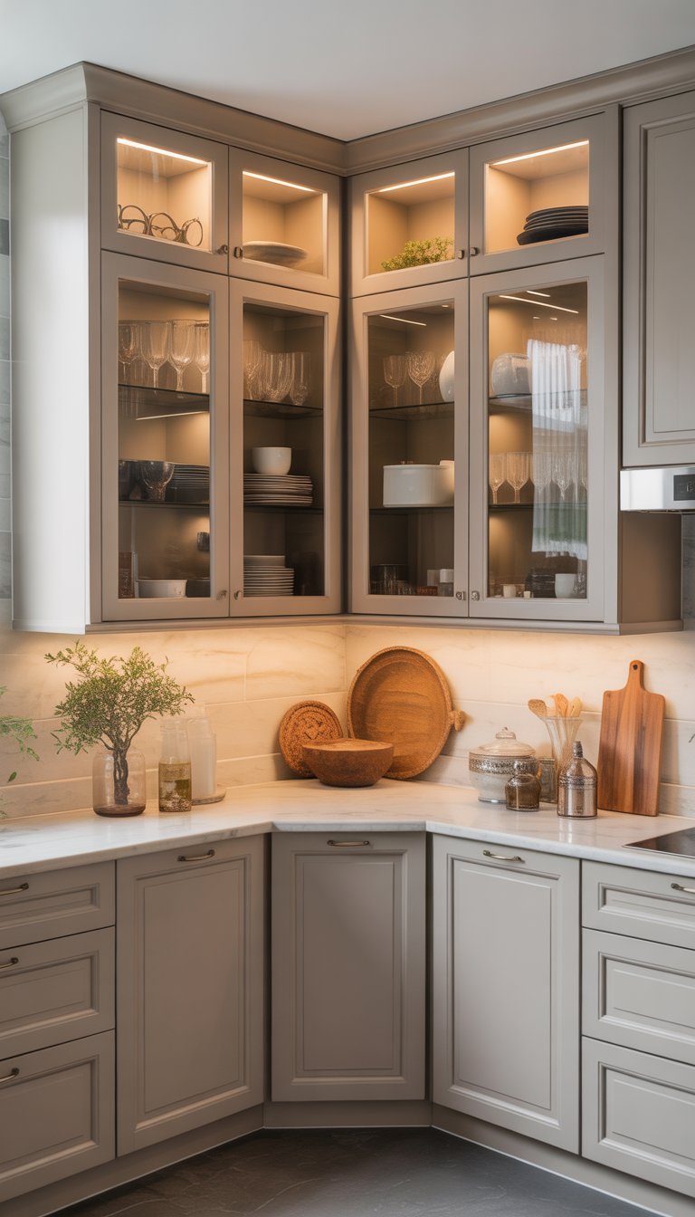 A kitchen corner with a cabinet featuring glass doors displaying dishes and glassware inside.