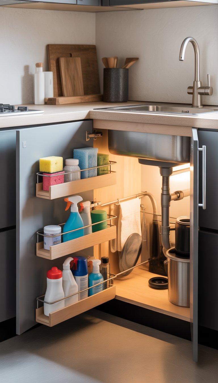 Open kitchen corner cabinet under the sink with adjustable shelves holding cleaning supplies and containers.