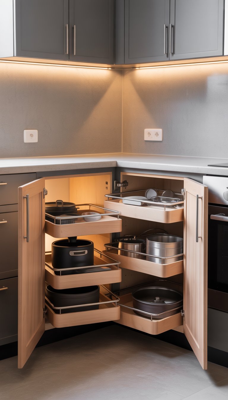 Open corner base cabinet in a kitchen showing built-in trays holding kitchen items.