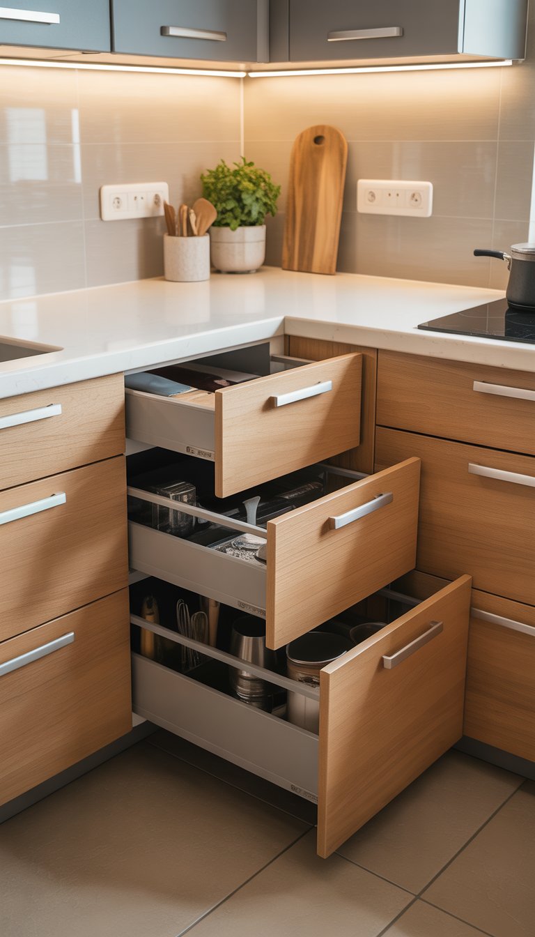 A kitchen corner cabinet with partially open corner drawers showing smooth sliding mechanism and organized utensils.