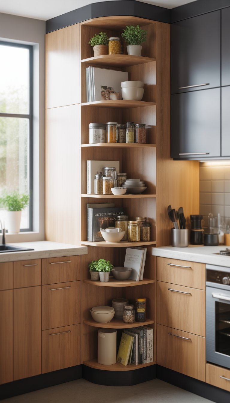 Open corner shelving unit in a kitchen corner cabinet filled with kitchen items like jars, bowls, and herbs.
