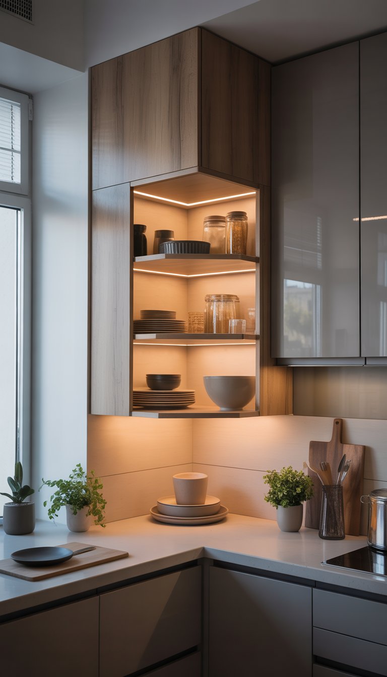 A kitchen corner with a wooden corner cabinet featuring built-in lighting illuminating neatly arranged dishes and kitchenware.