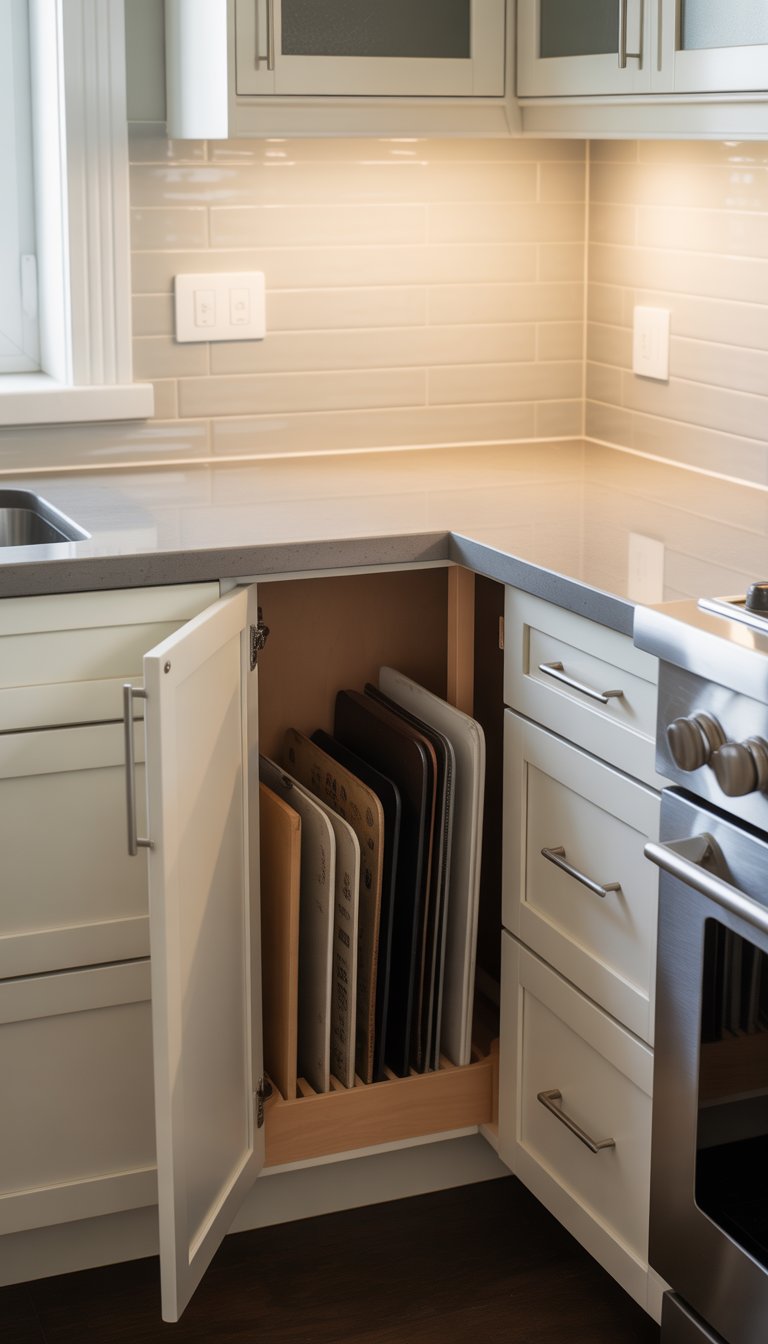 Open kitchen corner cabinet showing trays and baking sheets stored vertically inside a tray divider.