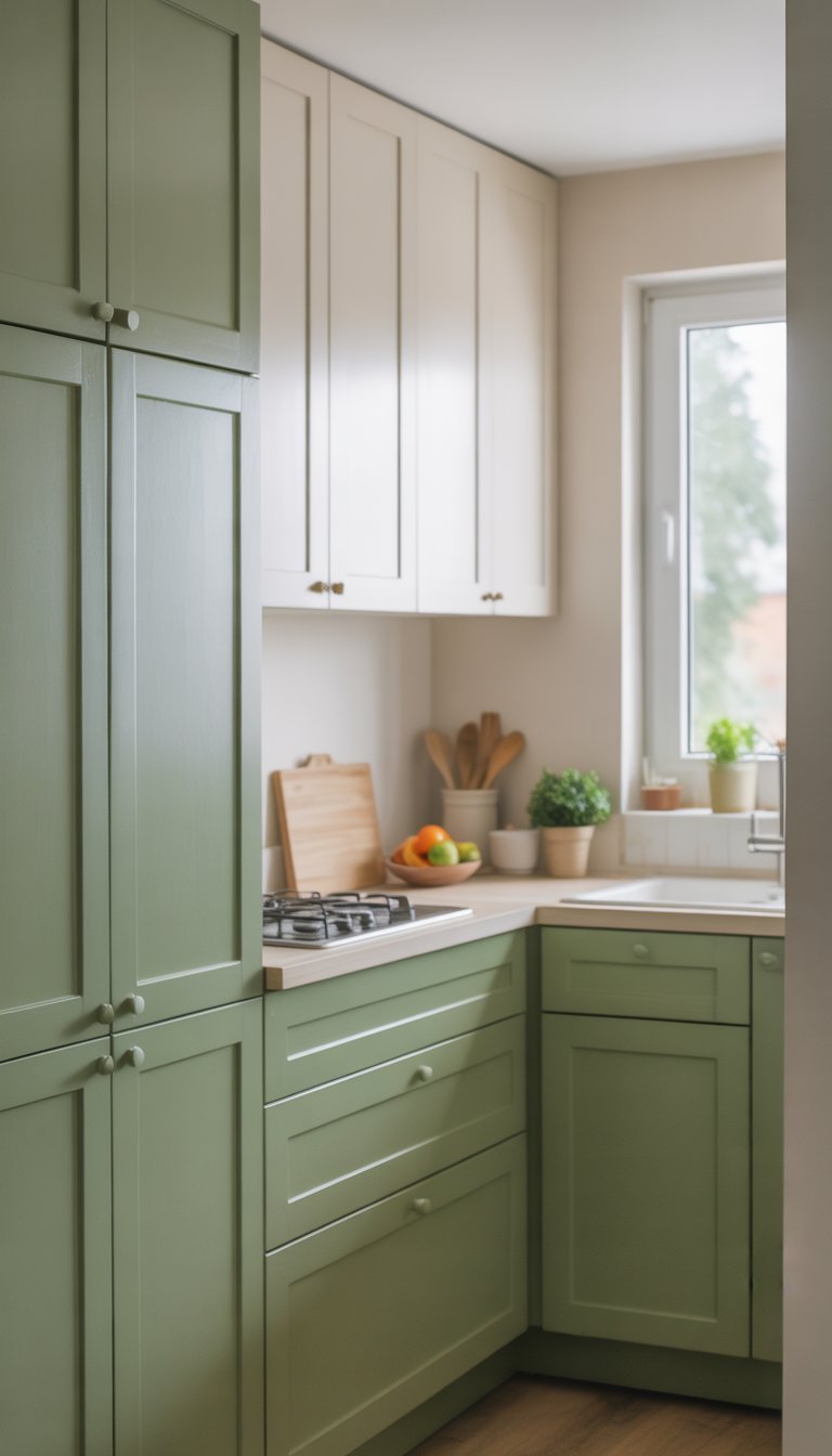 Small kitchen with white and sage green cabinets, natural light, and clean countertops.