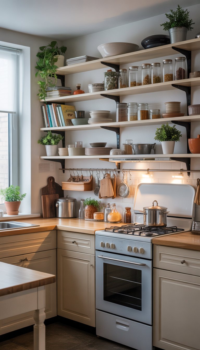 Small kitchen with open shelves holding dishes, jars, and plants above a wooden countertop.