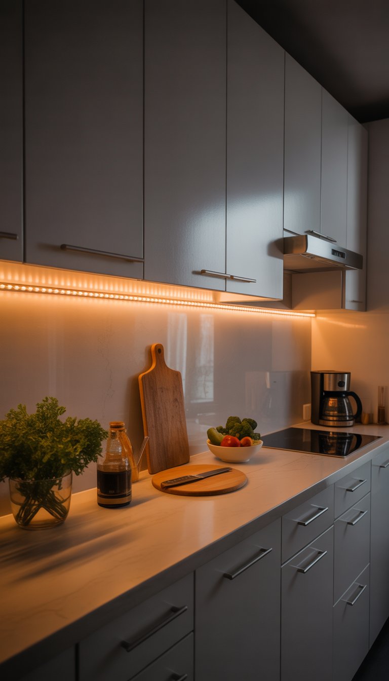 A modern kitchen countertop illuminated by LED strip lights installed under white cabinets, with kitchen items neatly arranged.