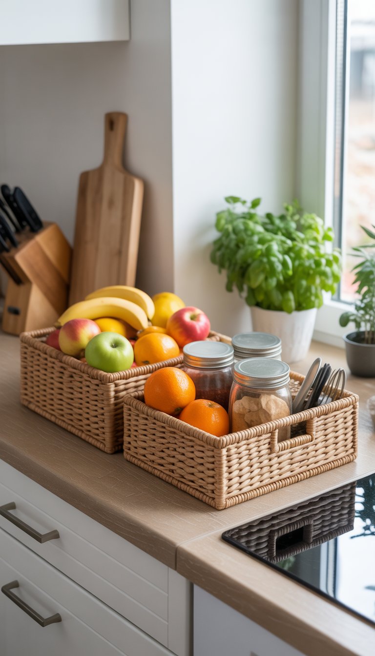 A kitchen countertop with stackable woven baskets holding fruits and kitchen essentials, surrounded by simple kitchen items.