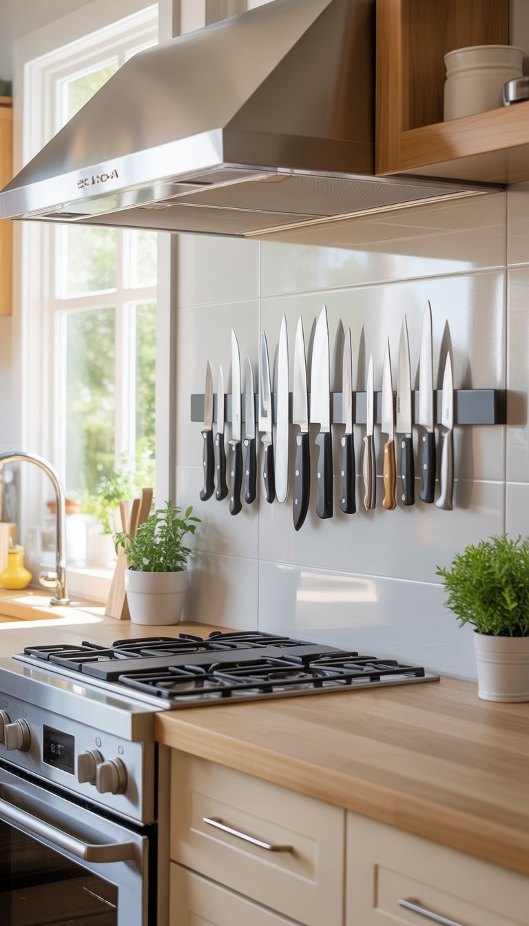 A kitchen with a magnetic knife strip mounted on the backsplash holding several knives, with a clean and uncluttered countertop below.